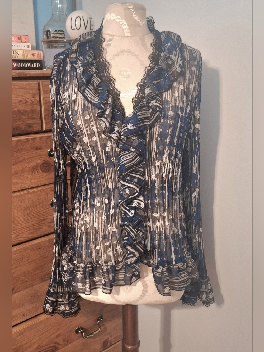 Tribal Blue and Whitei Front  Ruffled Sheer Blouse